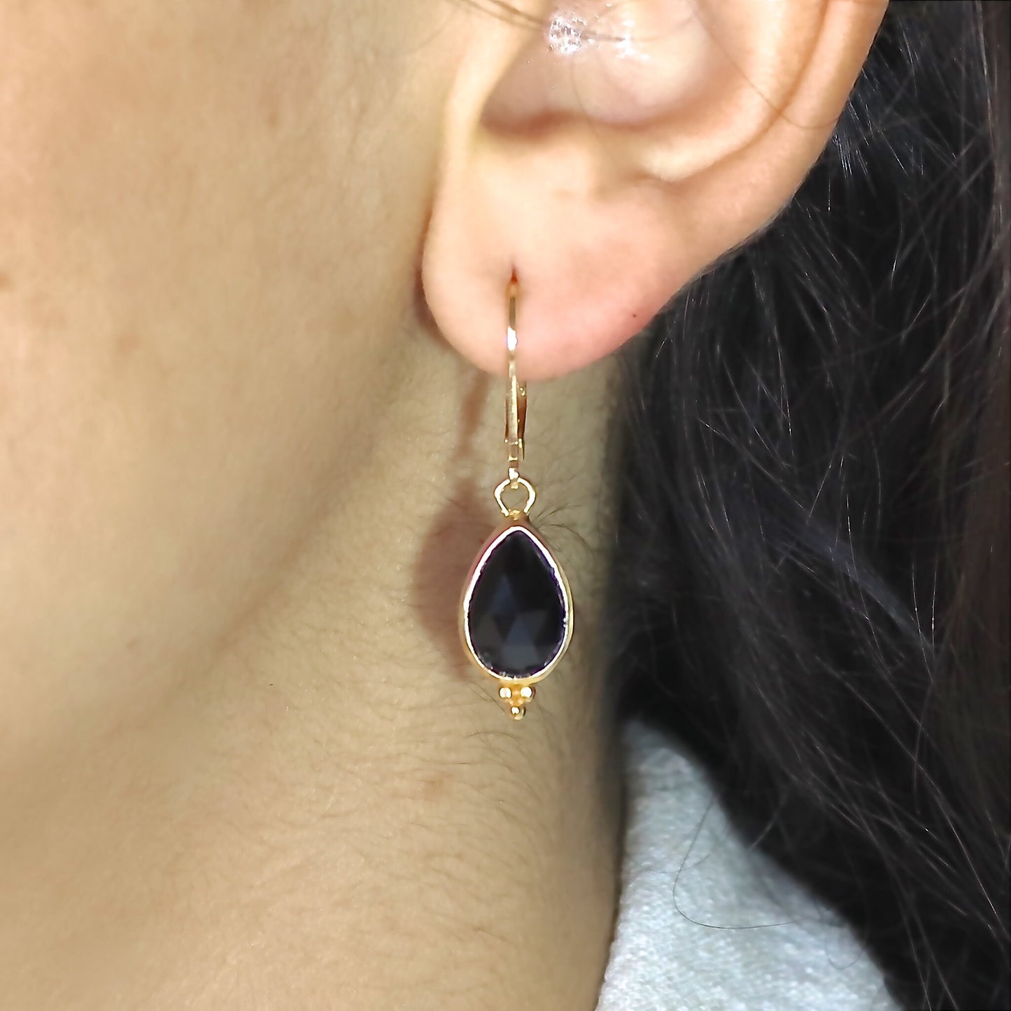 14k gold Onyx earrings, Teardrop black stone dangle earrings
