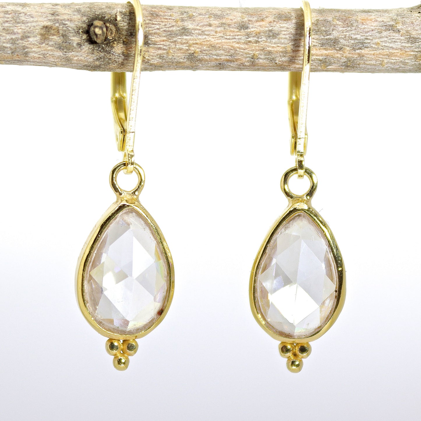 Crystal clear 14k gold earrings, Teardrop quartz stone gold dangle earrings