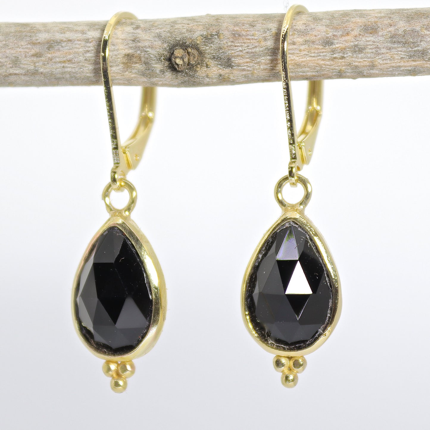 14k gold Onyx earrings, Teardrop black stone dangle earrings