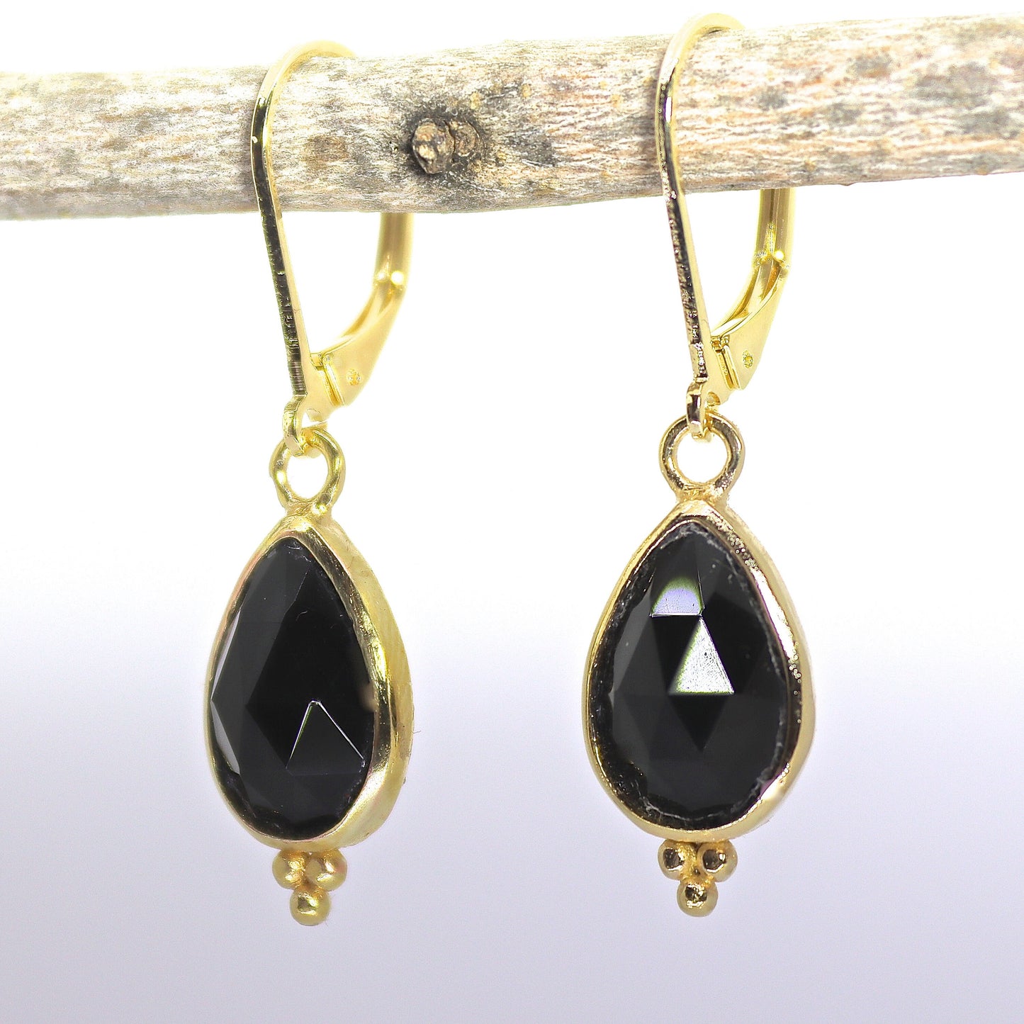 14k gold Onyx earrings, Teardrop black stone dangle earrings