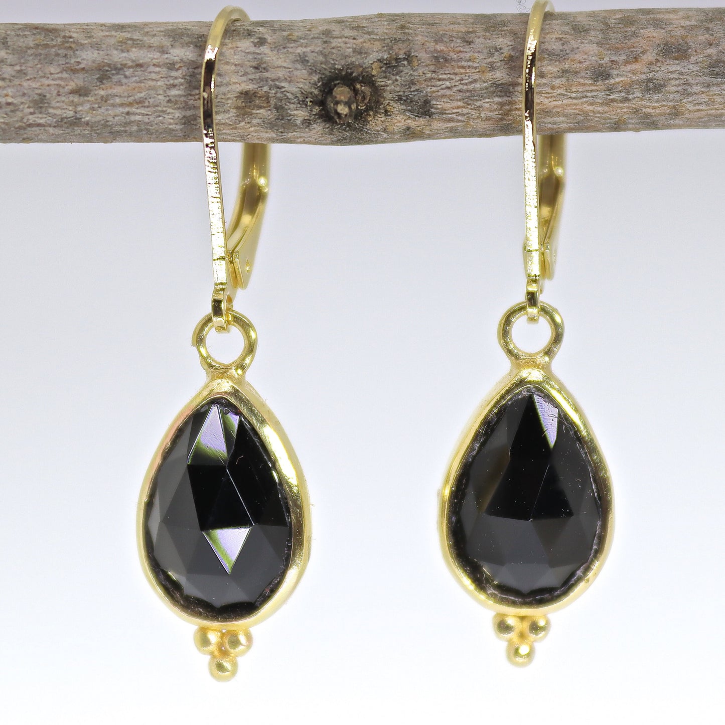 14k gold Onyx earrings, Teardrop black stone dangle earrings