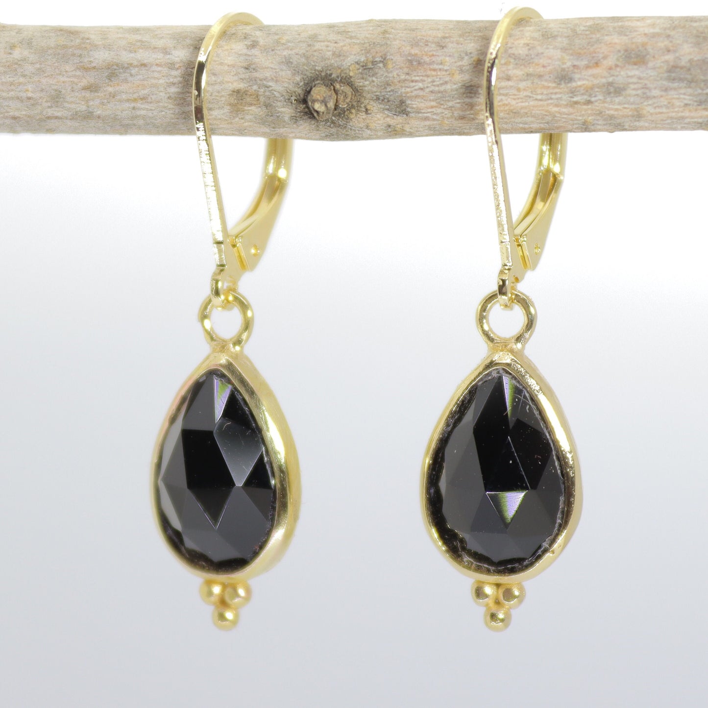 14k gold Onyx earrings, Teardrop black stone dangle earrings