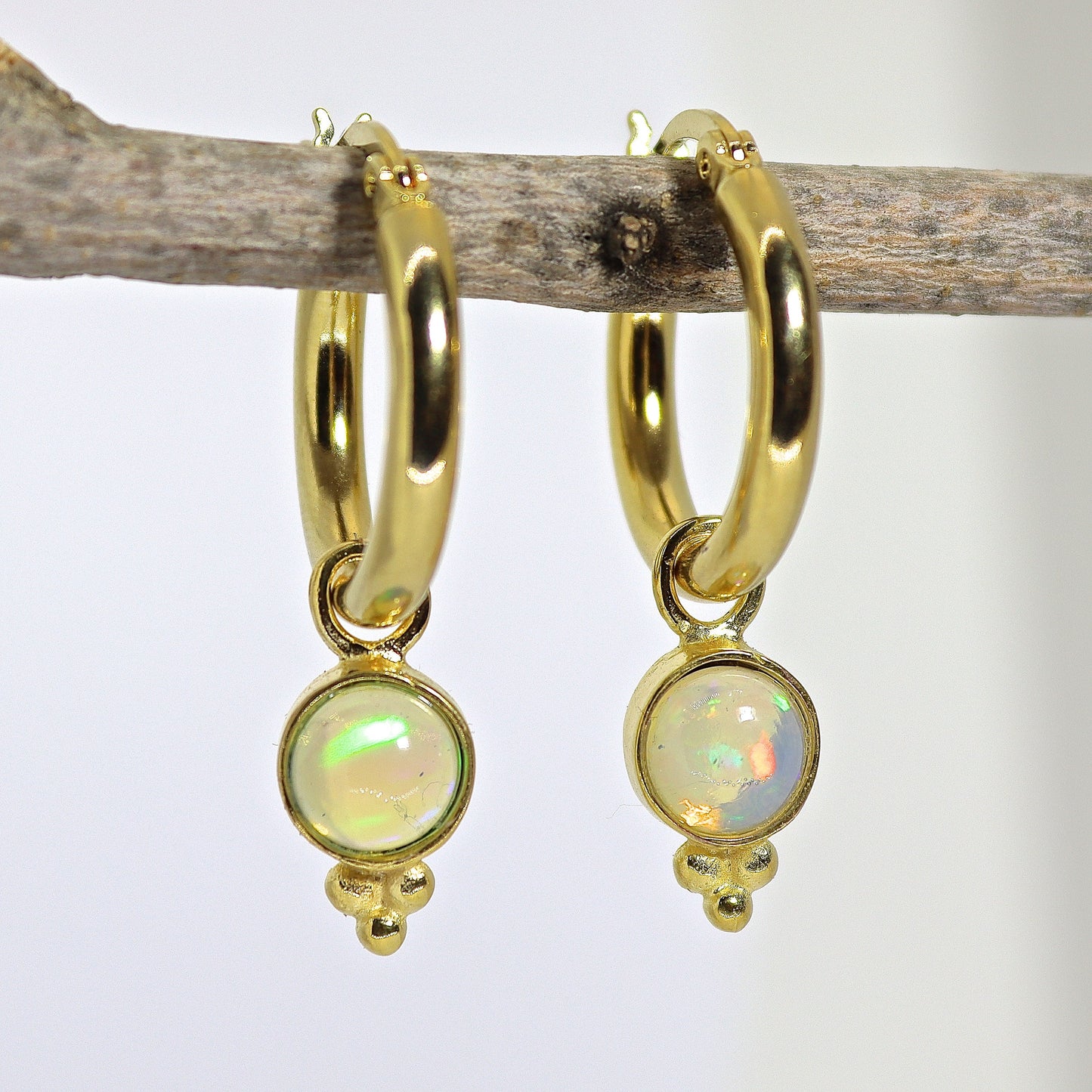 14k Gold Opal Hoop Earrings, Dangle Style, October Birthstone Jewelry, Gift for Her