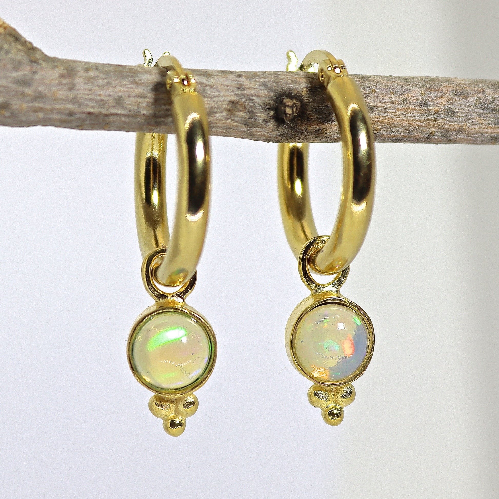 14k Gold Opal Hoop Earrings, Dangle Style, October Birthstone Jewelry, Gift for Her