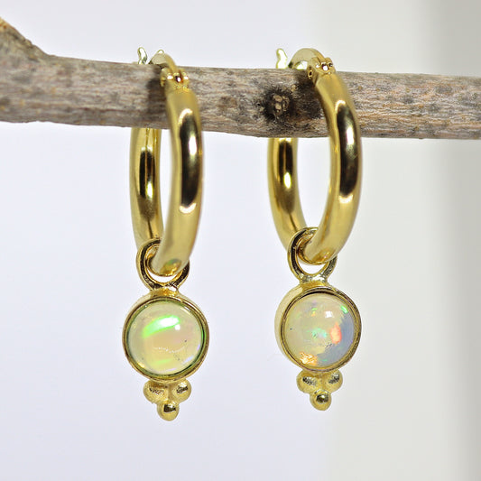 14k Gold Opal Hoop Earrings, Dangle Style, October Birthstone Jewelry, Gift for Her