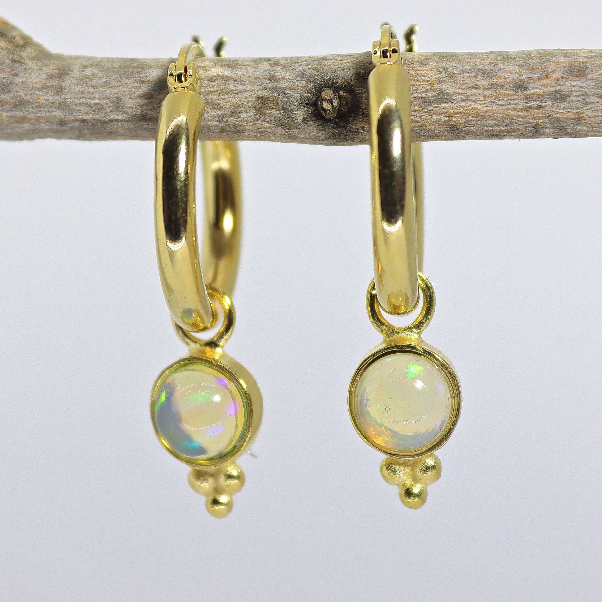 14k Gold Opal Hoop Earrings, Dangle Style, October Birthstone Jewelry, Gift for Her