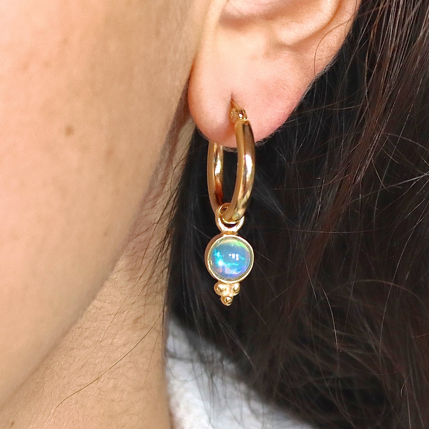 14k Gold Opal Hoop Earrings, Dangle Style, October Birthstone Jewelry, Gift for Her