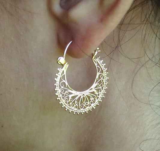 Handmade 14K Gold Floral Filigree Hoop Earrings, Statement Jewelry Gift for Her