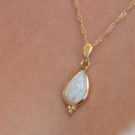 Opal solid 14k gold teardrop necklace pendant, White opal gold necklace