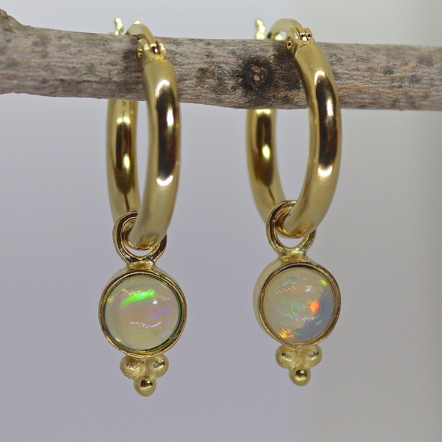 14k Gold Opal Hoop Earrings, Dangle Style, October Birthstone Jewelry, Gift for Her