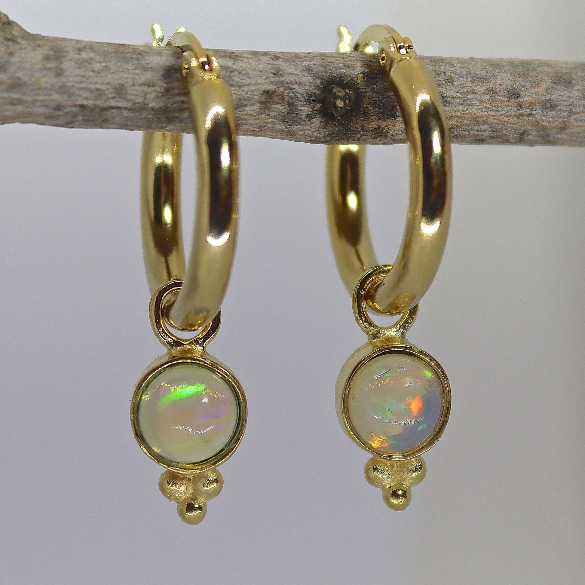 14k Gold Opal Hoop Earrings, Dangle Style, October Birthstone Jewelry, Gift for Her