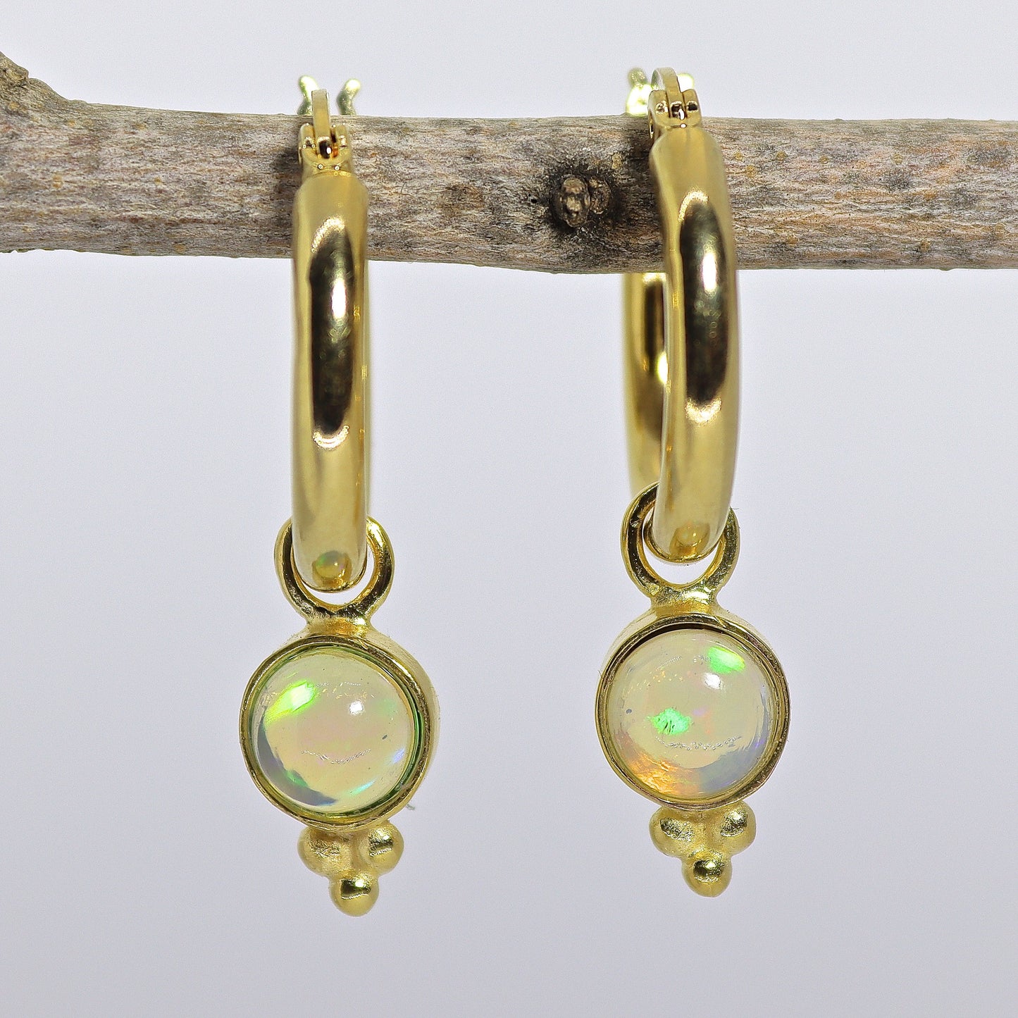 14k Gold Opal Hoop Earrings, Dangle Style, October Birthstone Jewelry, Gift for Her