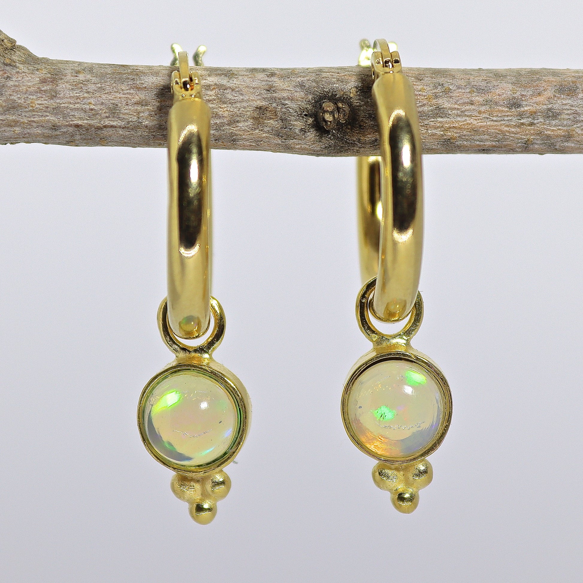 14k Gold Opal Hoop Earrings, Dangle Style, October Birthstone Jewelry, Gift for Her