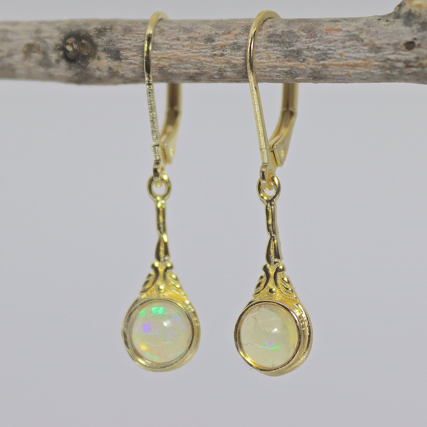 14k Gold Opal Drop Earrings, Victorian Style Gemstone Dangles, Perfect Gift for Wife