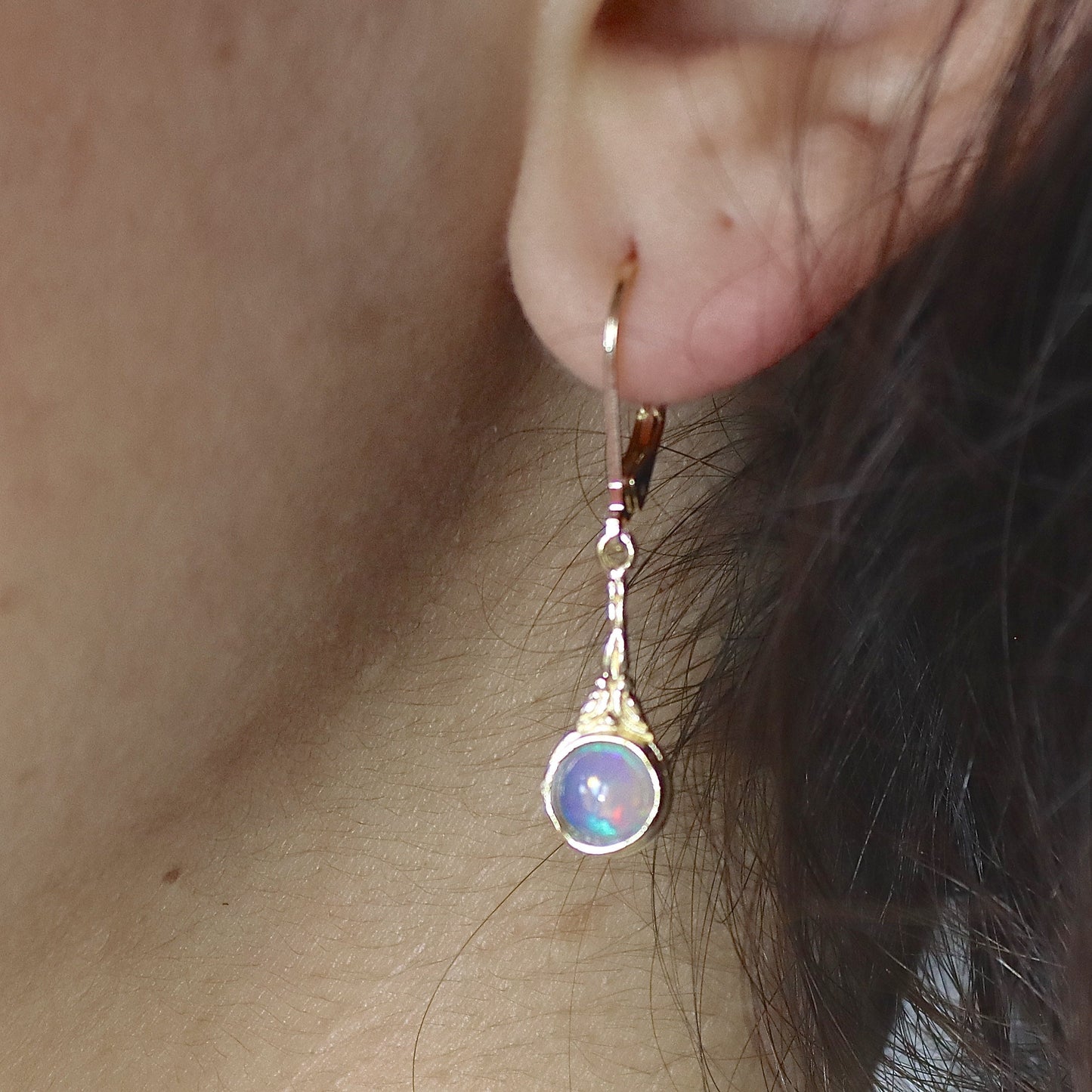 14k Gold Opal Drop Earrings, Victorian Style Gemstone Dangles, Perfect Gift for Wife