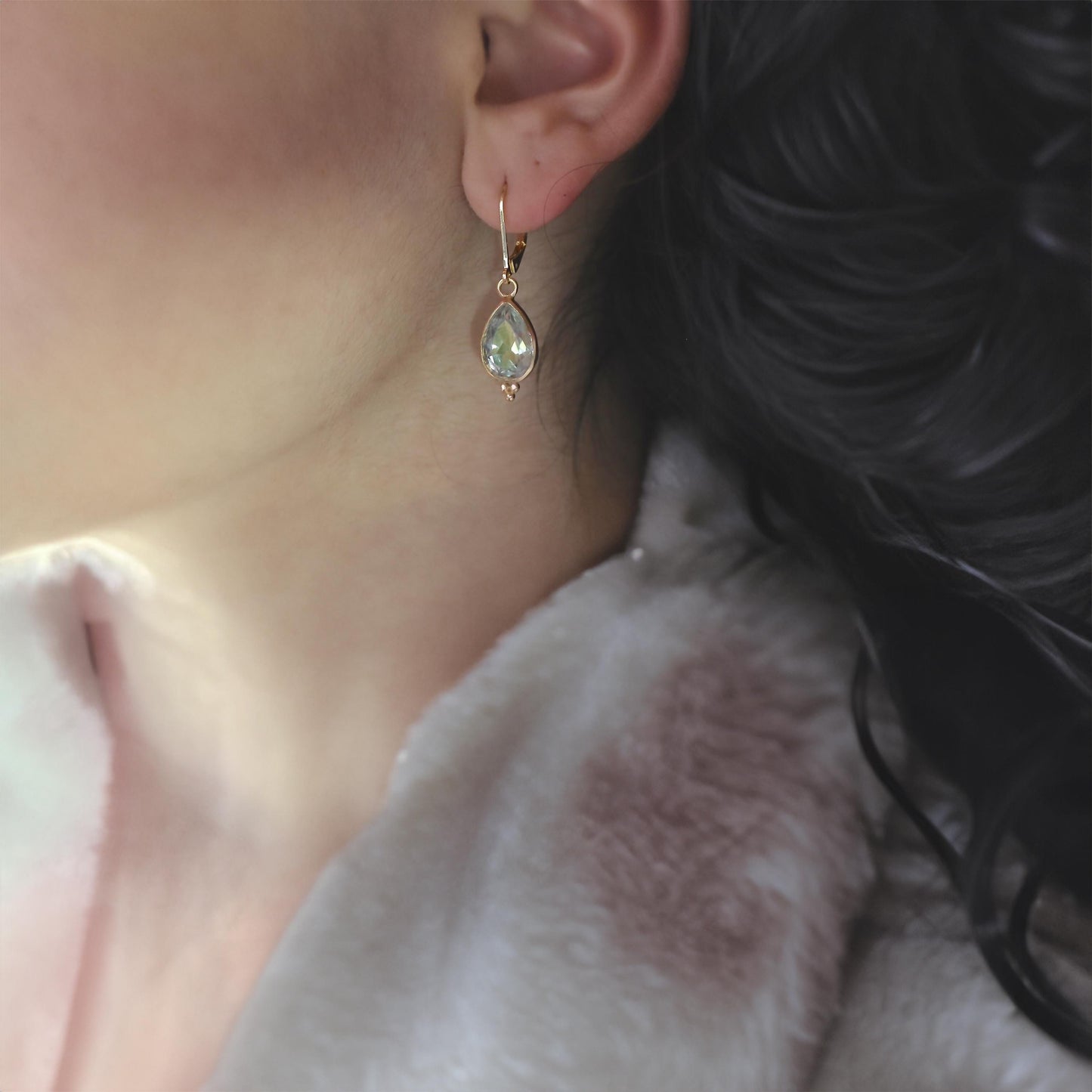 Green Amethyst 14K gold earrings, Teardrop green stone dangle earrings