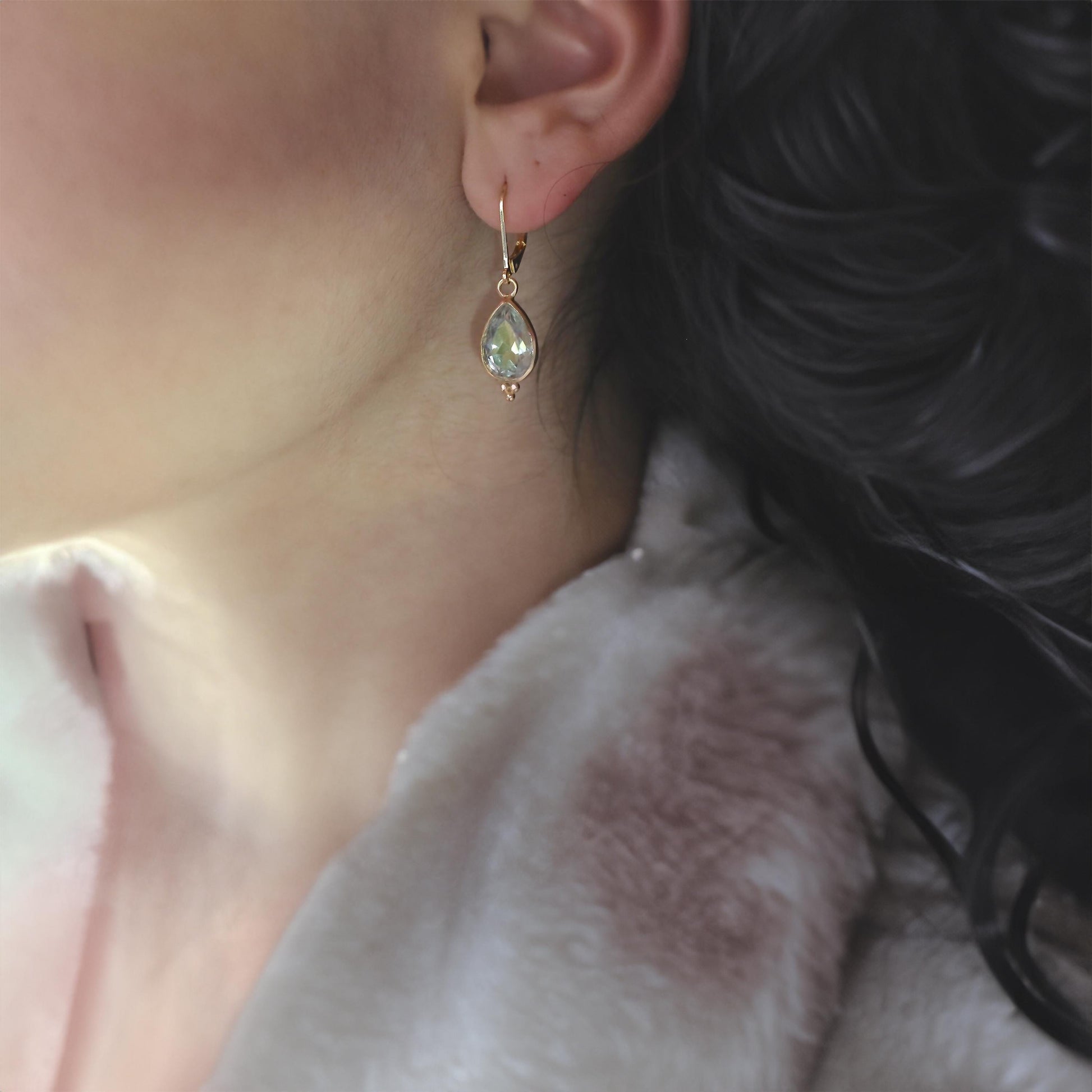 Green Amethyst 14K gold earrings, Teardrop green stone dangle earrings
