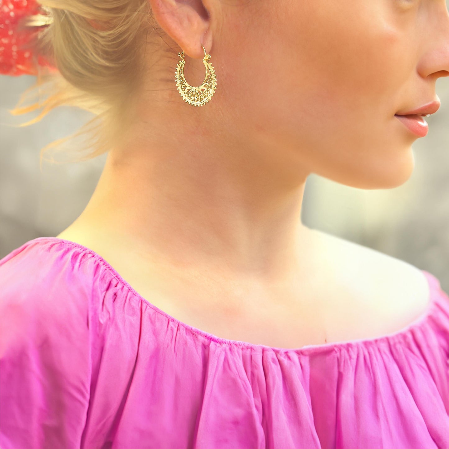 Handmade 14K Gold Floral Filigree Hoop Earrings, Statement Jewelry Gift for Her