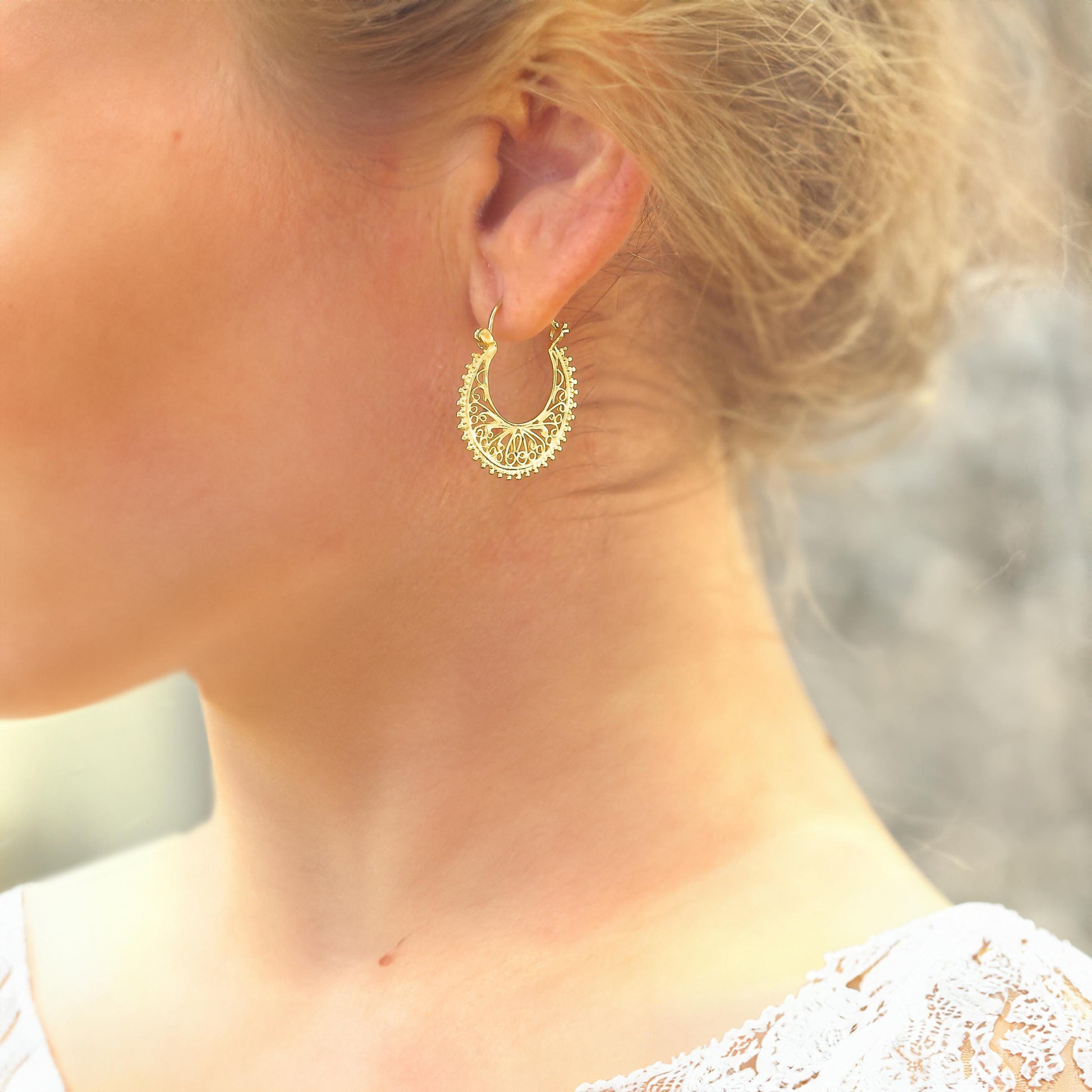 Handmade 14K Gold Floral Filigree Hoop Earrings, Statement Jewelry Gift for Her