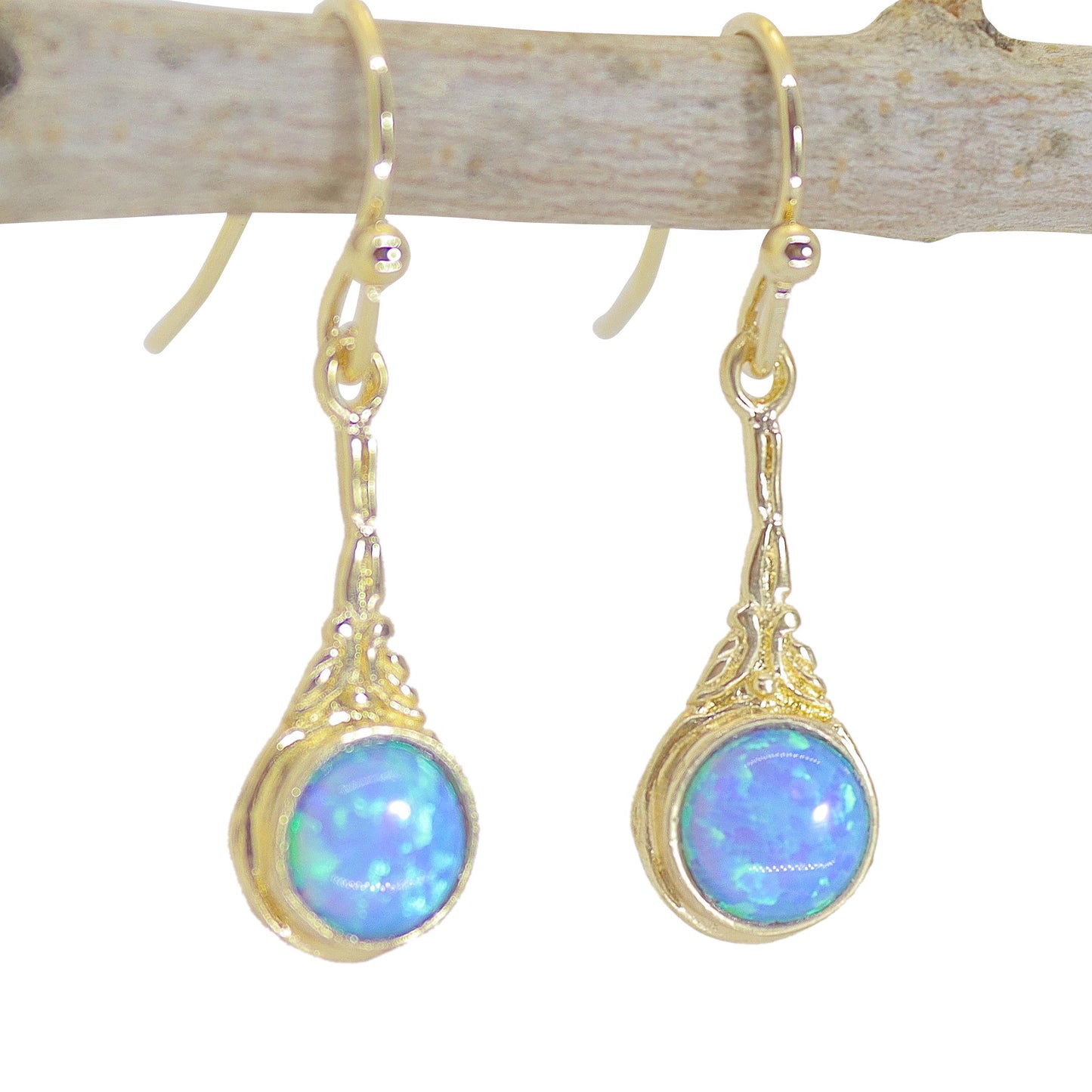 Opal 14k solid gold dangle earrings victorian style, Blue opal earrings