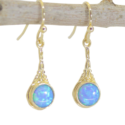 Opal 14k solid gold dangle earrings victorian style, Blue opal earrings