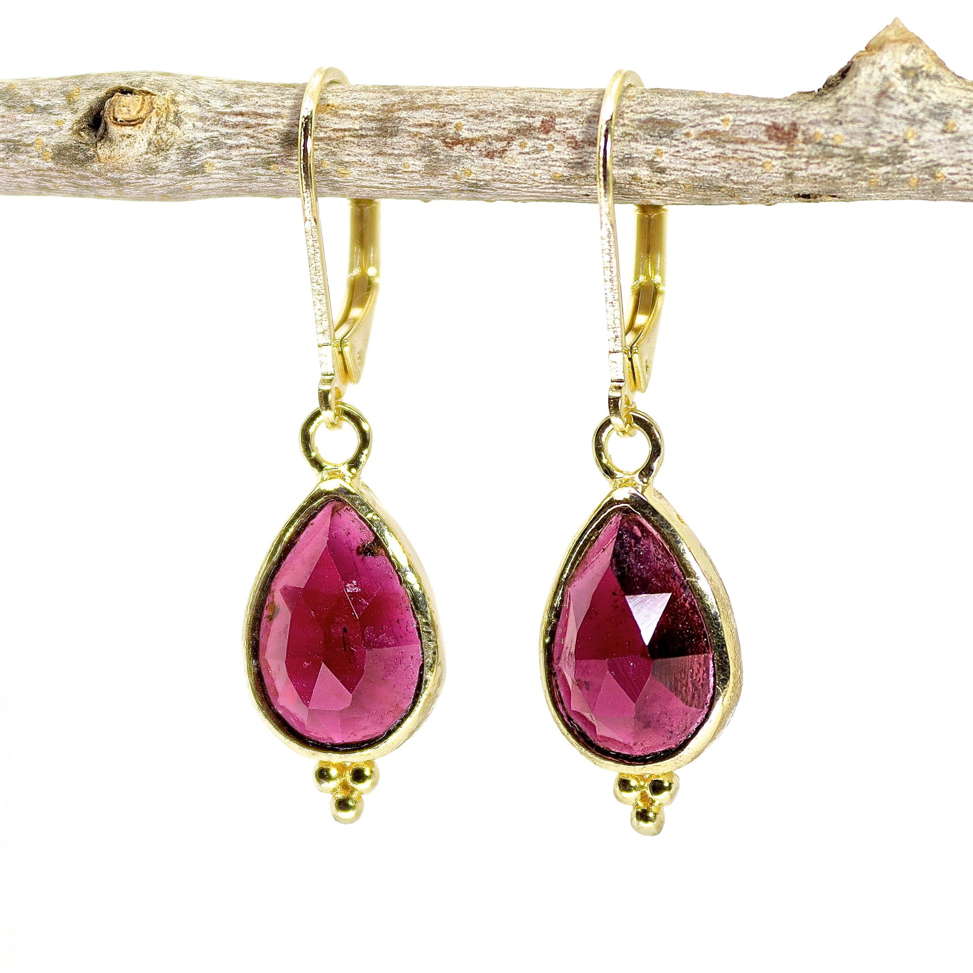 Garnet 14k gold Teardrop dangle Earrings, Red Stone Earrings