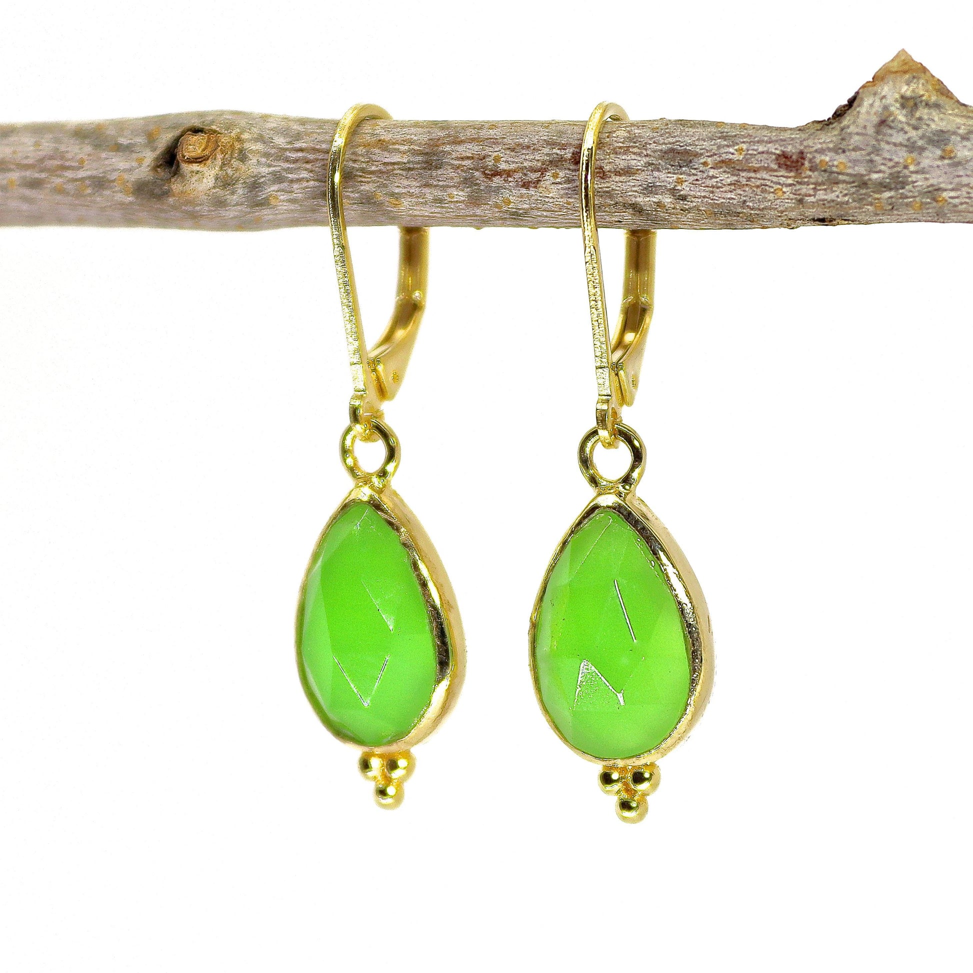 Jade solid 14k gold dangle earrings, Teardrop green stone earrings