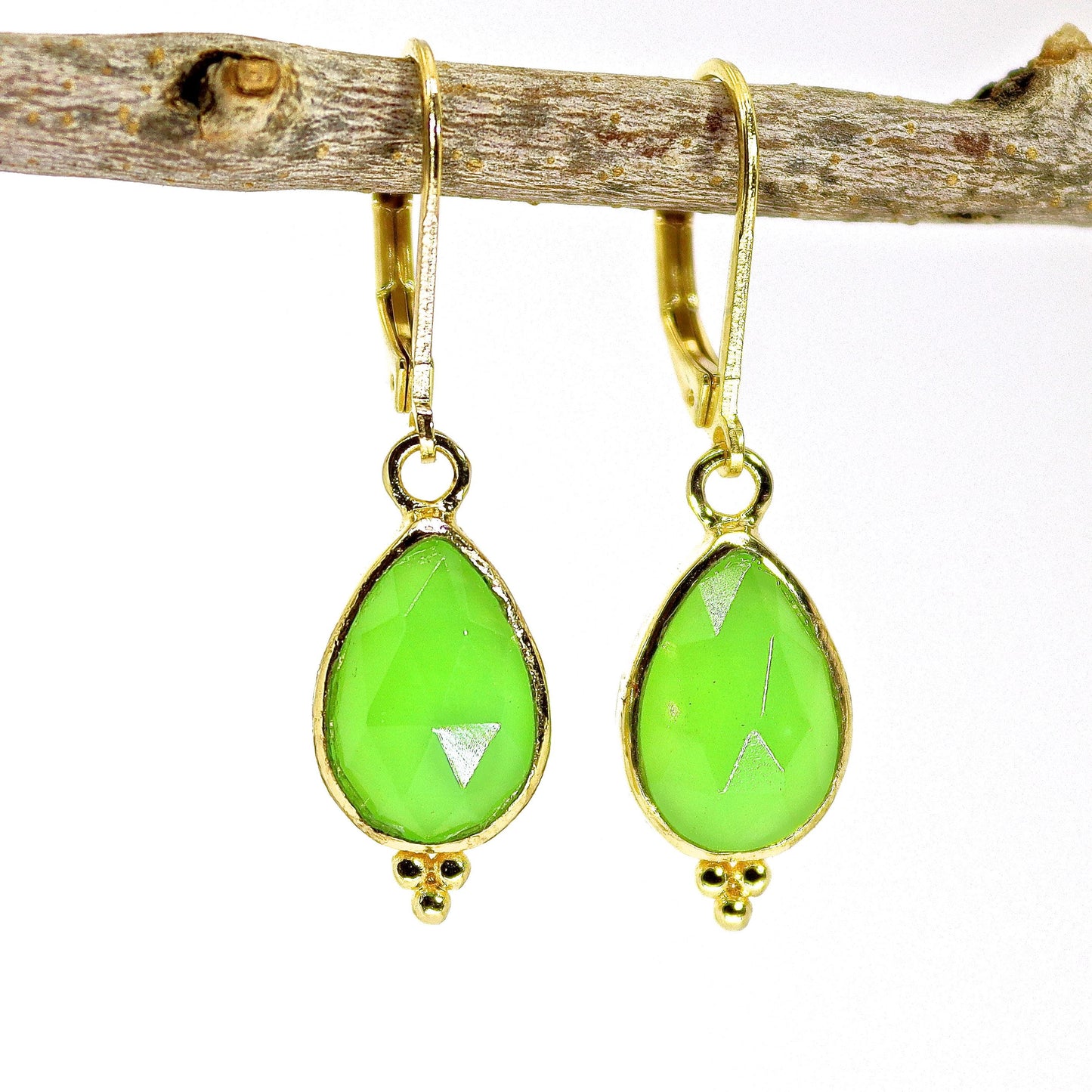 Jade solid 14k gold dangle earrings, Teardrop green stone earrings
