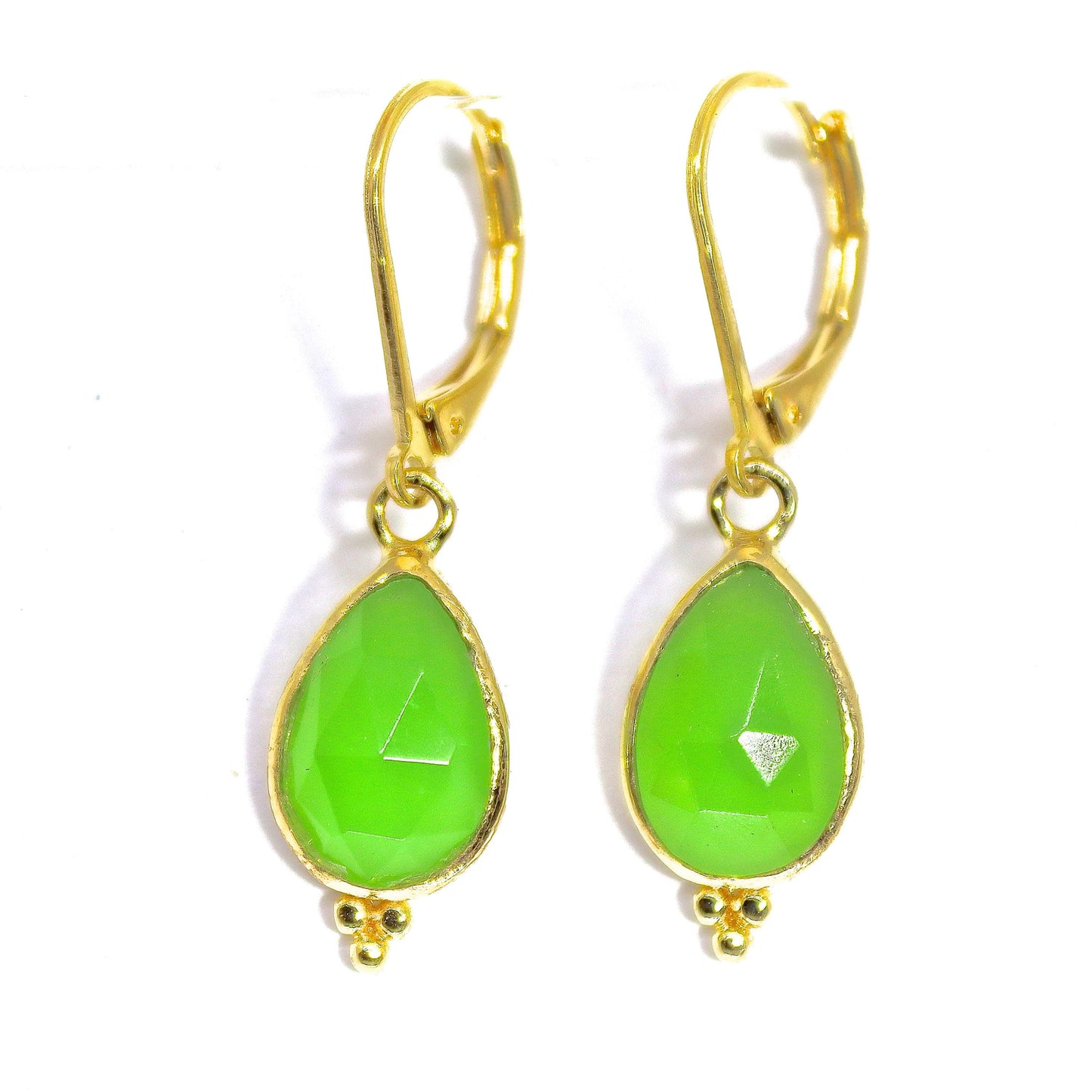 Jade solid 14k gold dangle earrings, Teardrop green stone earrings