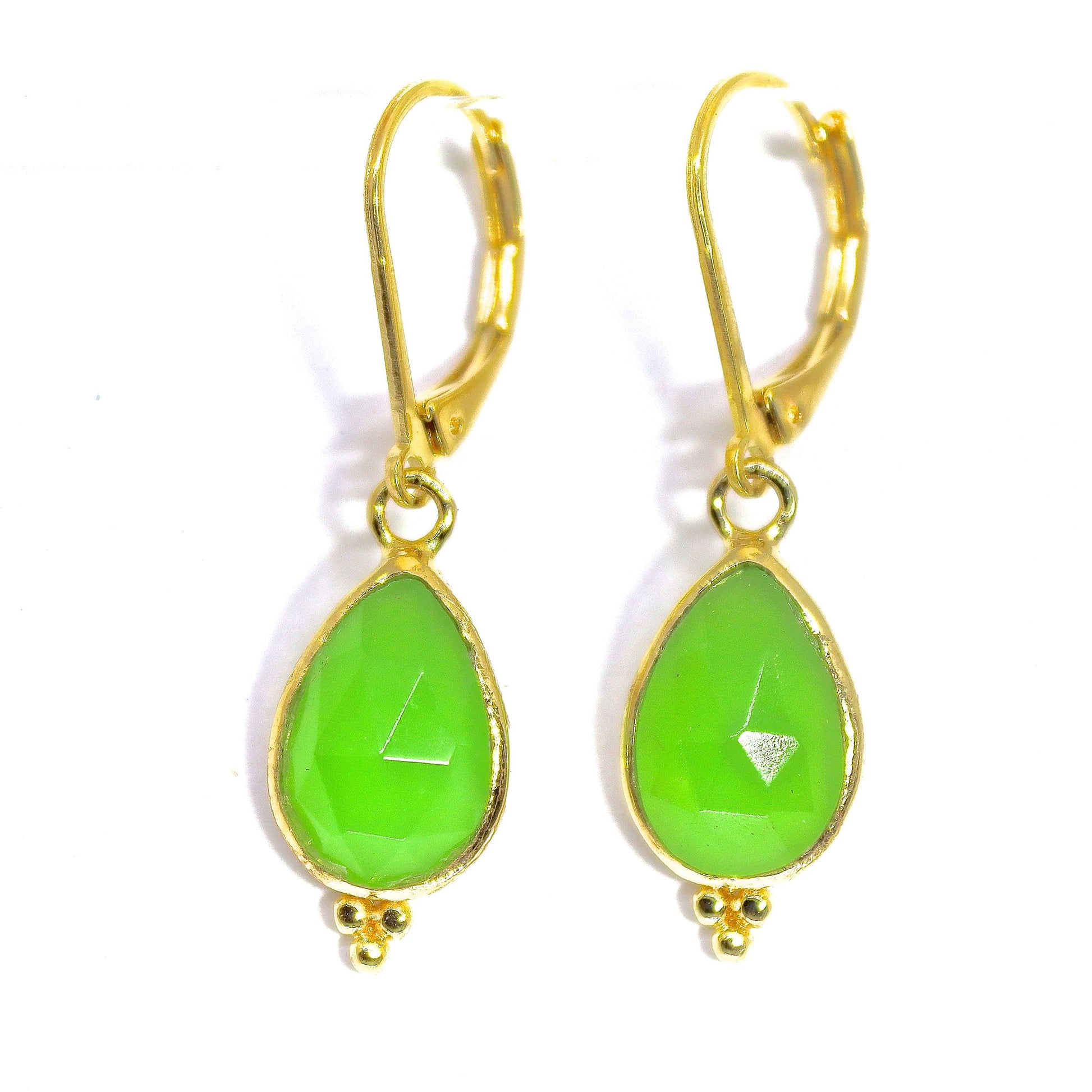 Jade solid 14k gold dangle earrings, Teardrop green stone earrings