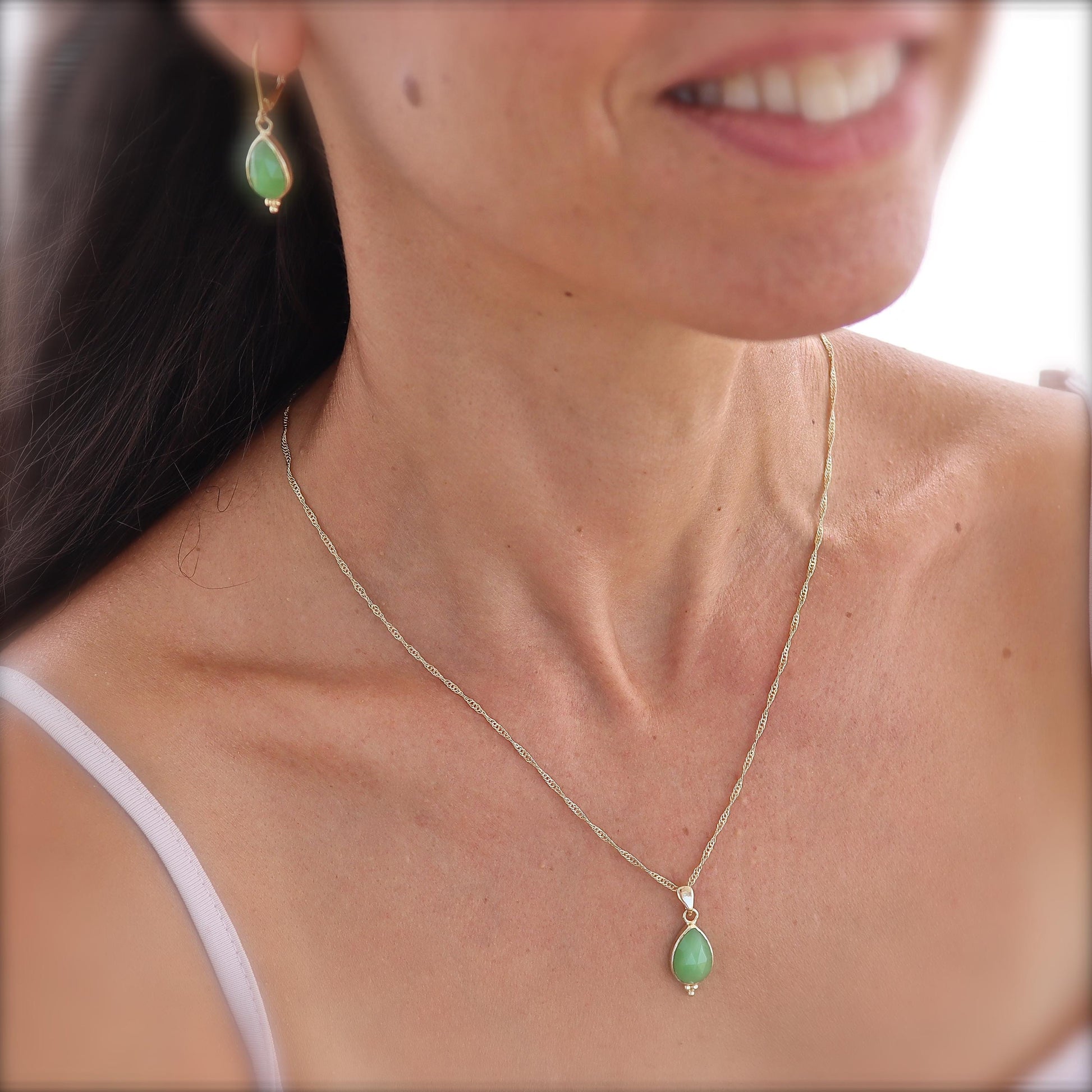 Jade solid 14k gold dangle earrings, Teardrop green stone earrings