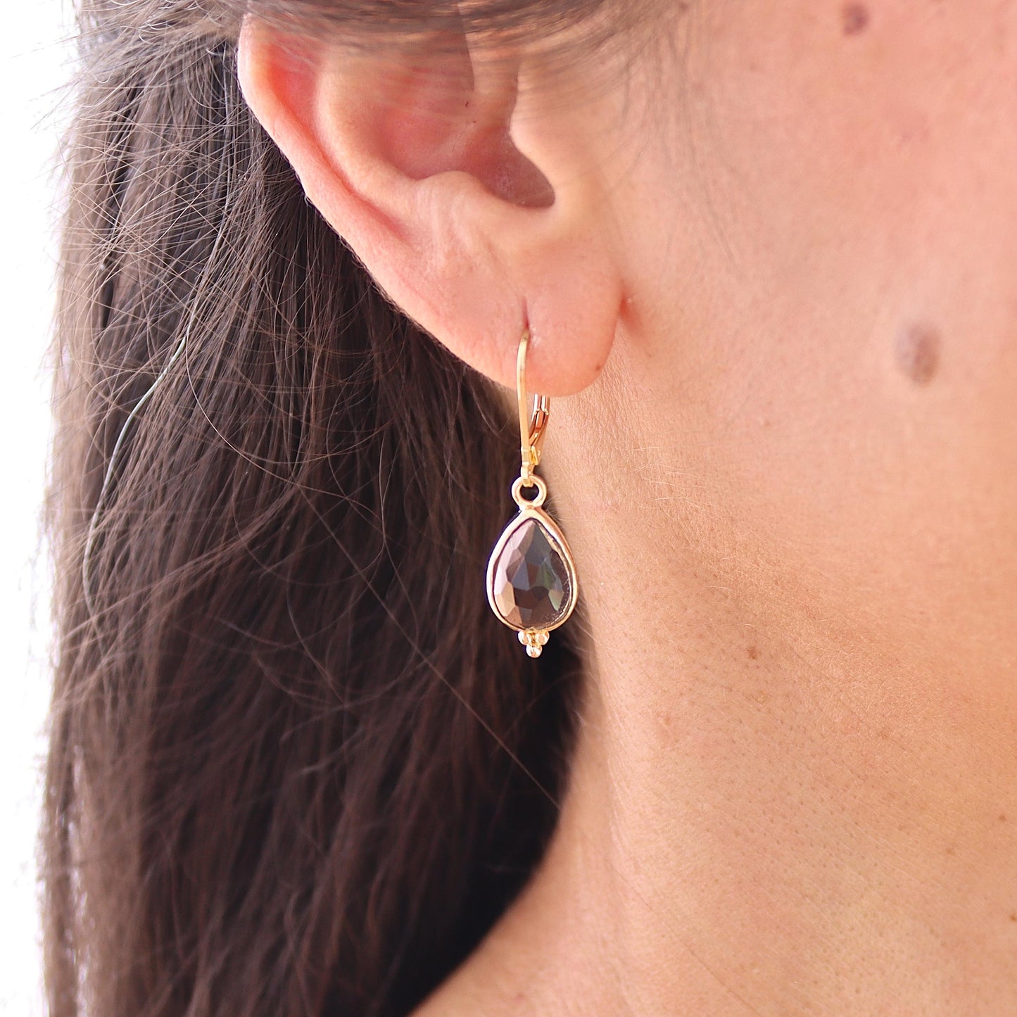 Smoky quartz gold earrings, 14k gold Teardrop brown stone dangle earrings