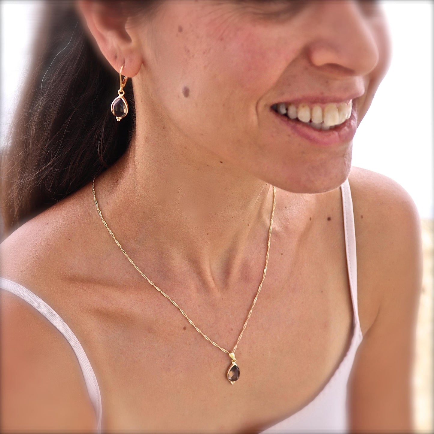 Smoky quartz gold earrings, 14k gold Teardrop brown stone dangle earrings