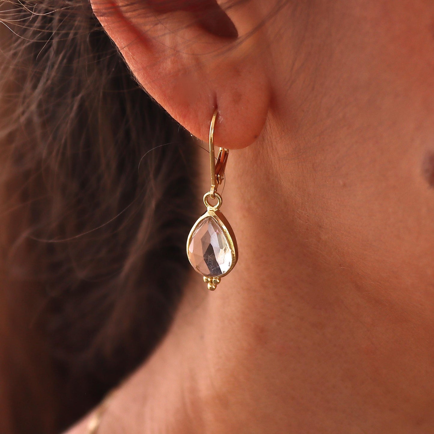 Crystal clear 14k gold earrings, Teardrop quartz stone gold dangle earrings