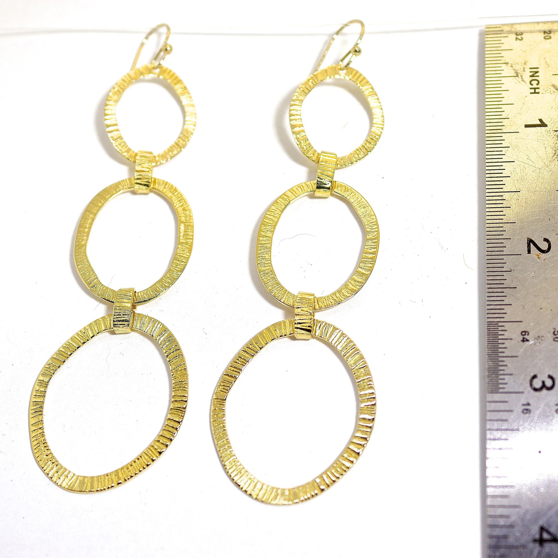 14k gold Long triple hoop dangle earrings, Large link hammered hoop earrings