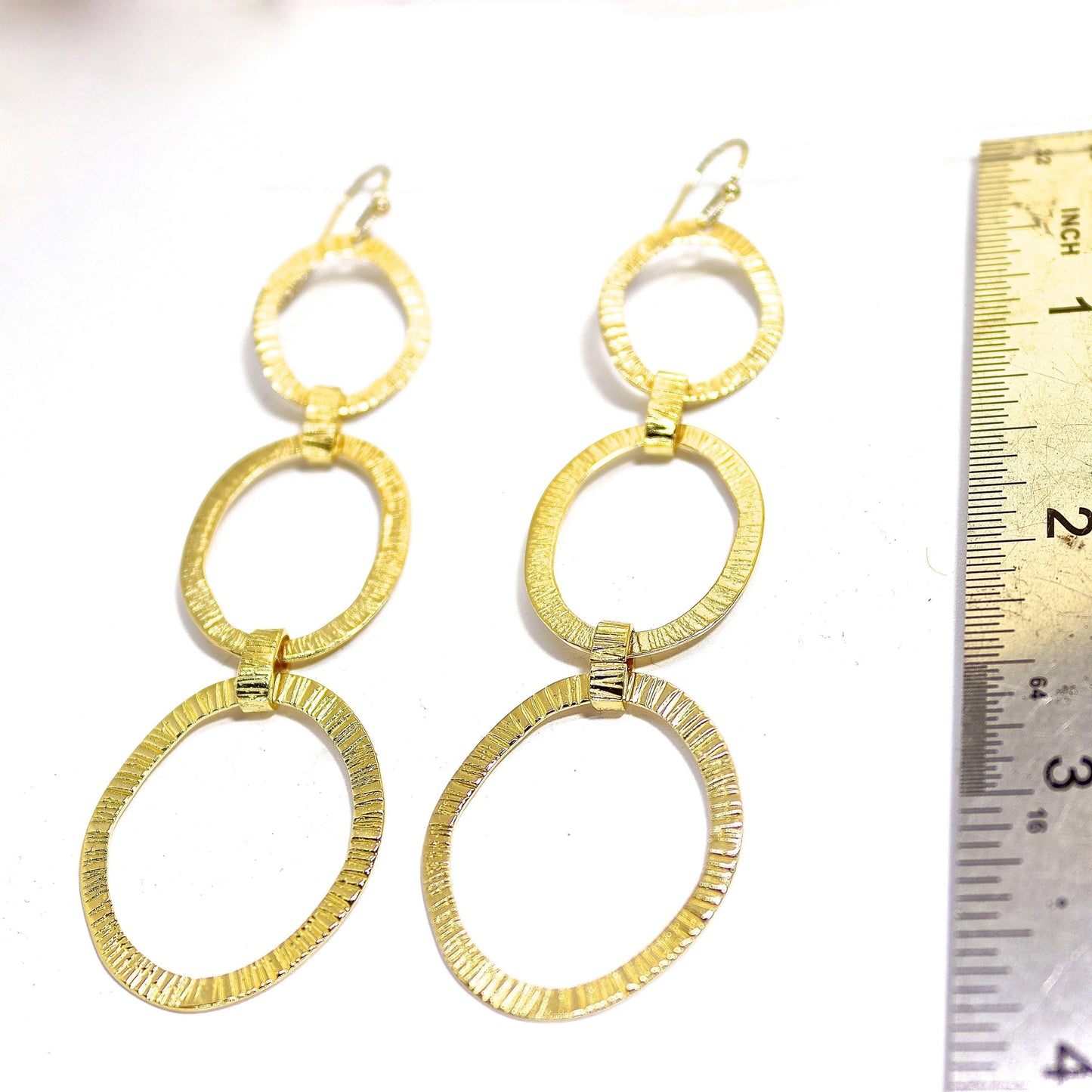14k gold Long triple hoop dangle earrings, Large link hammered hoop earrings
