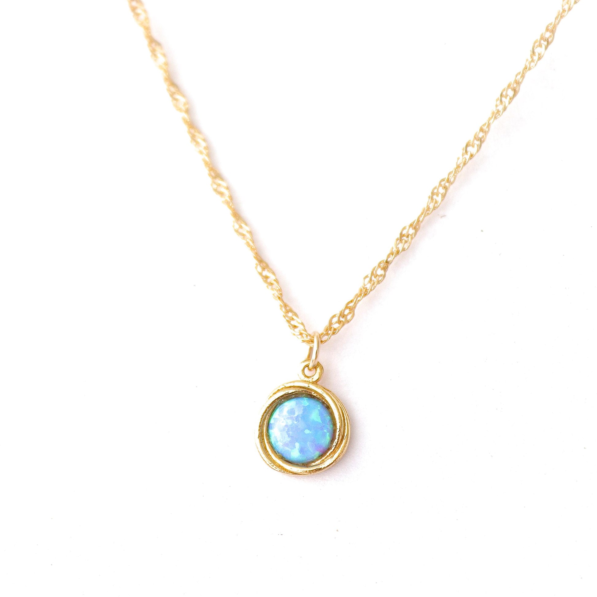 Opal gold necklace pendant, Blue Stone solid gold 14k Necklace