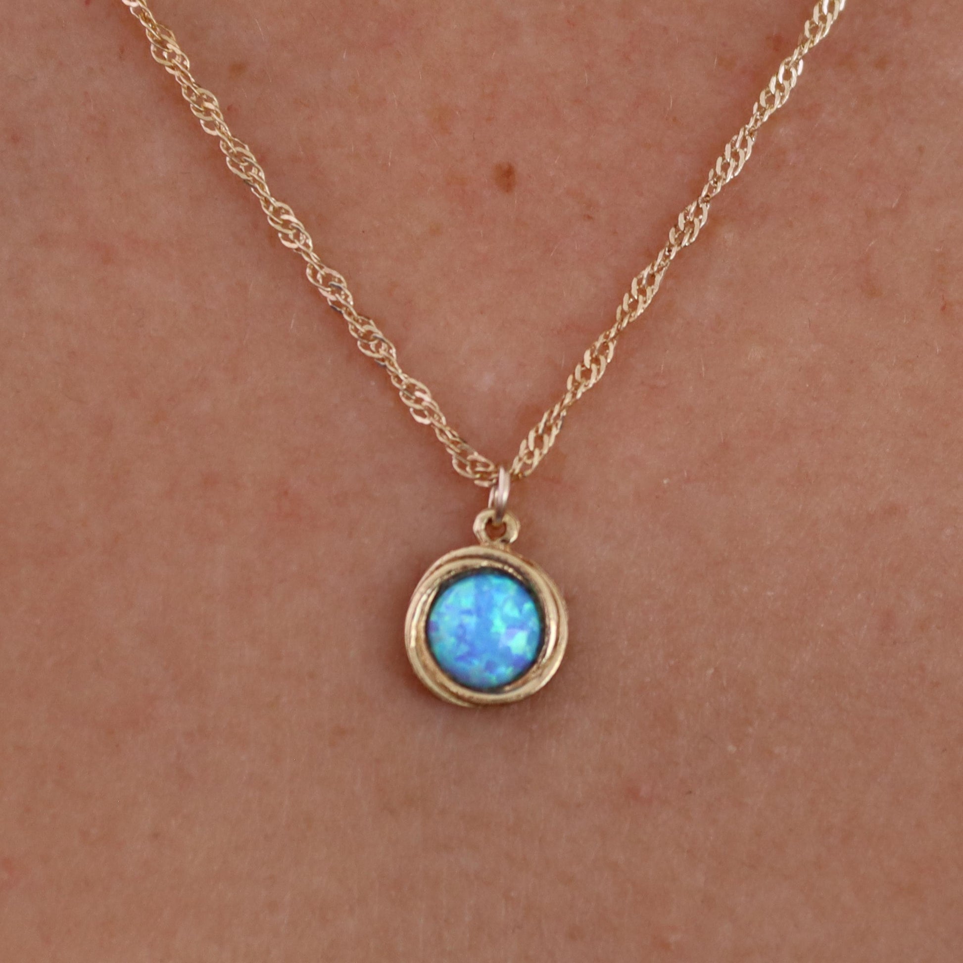 Opal gold necklace pendant, Blue Stone solid gold 14k Necklace