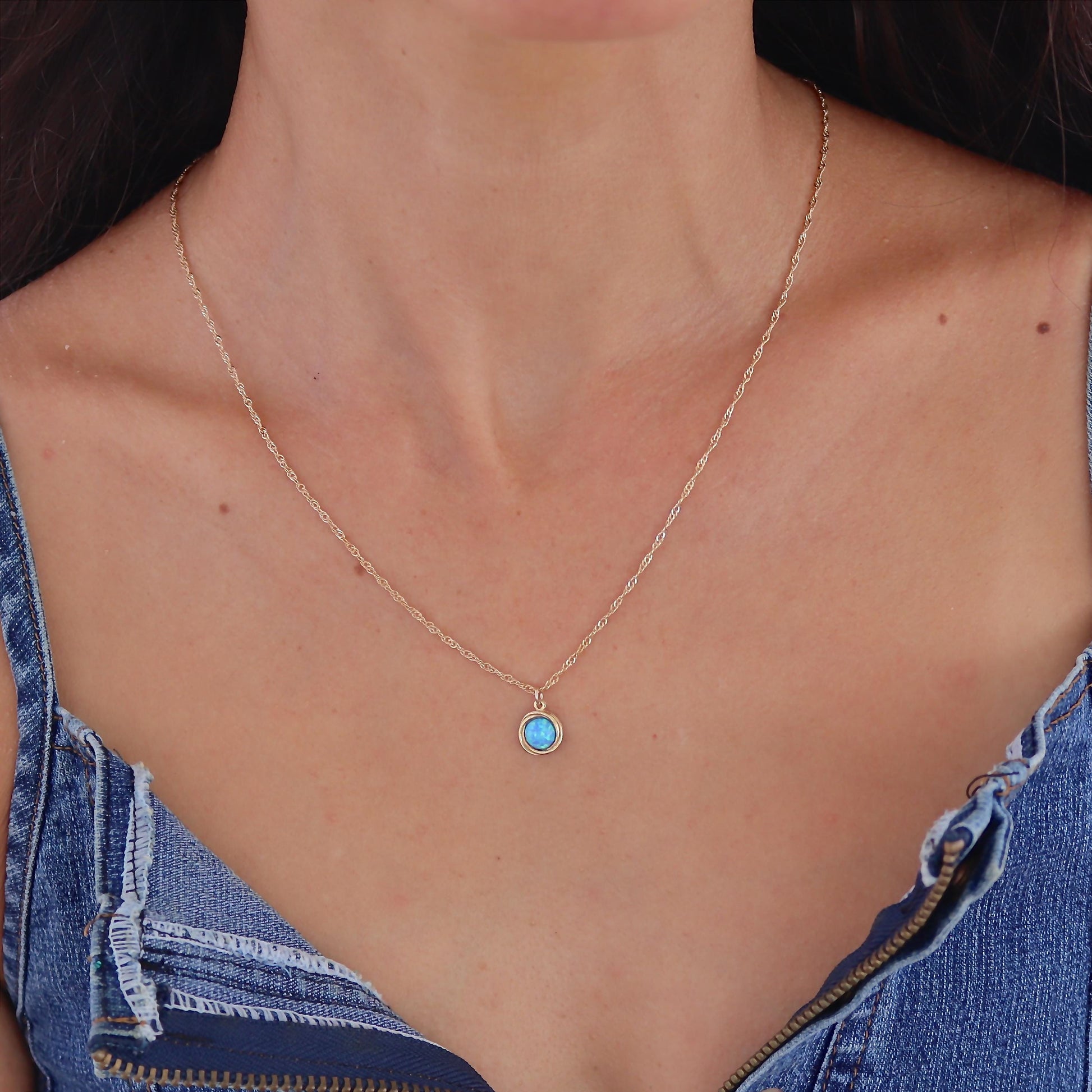 Opal gold necklace pendant, Blue Stone solid gold 14k Necklace