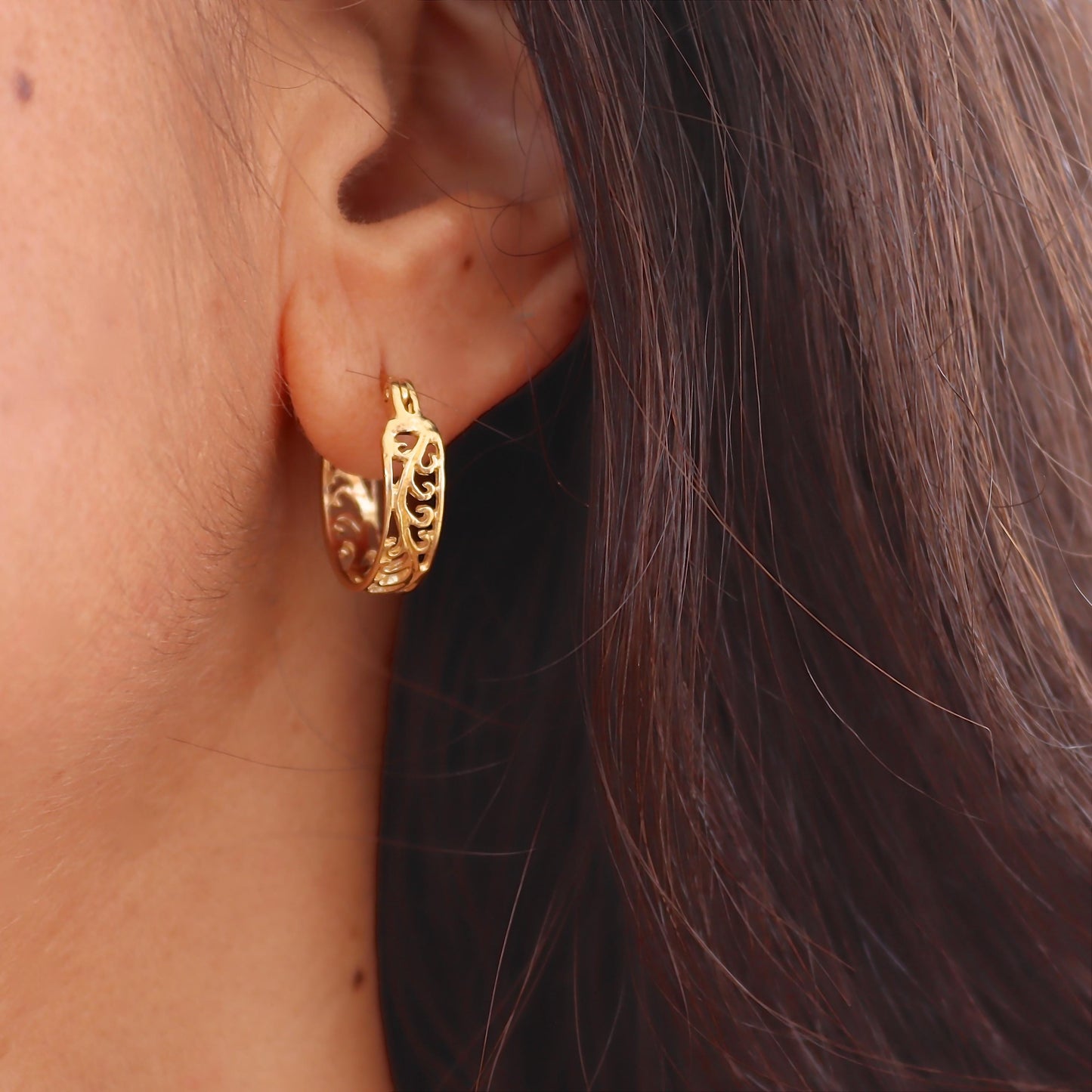 Filigree gold hoop earrings for women, 14K solid gold earrings, Statement gold hoops