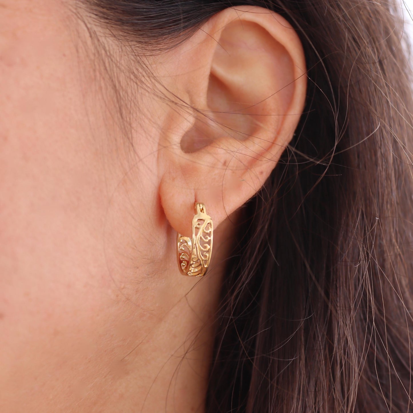 Filigree gold hoop earrings for women, 14K solid gold earrings, Statement gold hoops