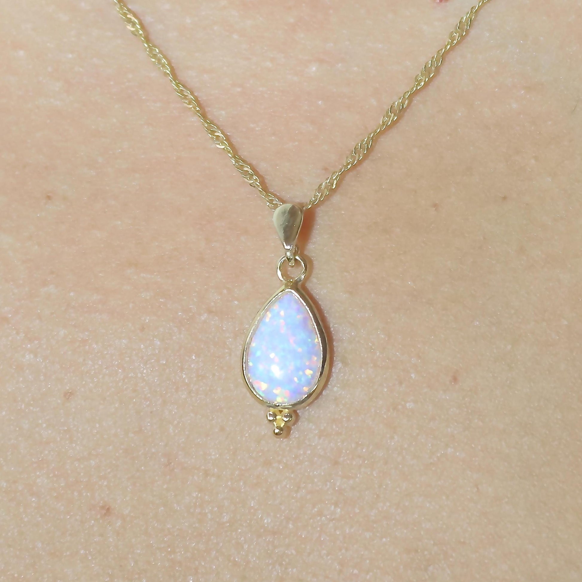 Opal solid 14k gold teardrop necklace pendant, White opal gold necklace