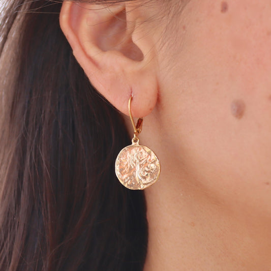 14k Gold Disc Dangle Earring, Textured Coin Circle Design, Boho Jewelry