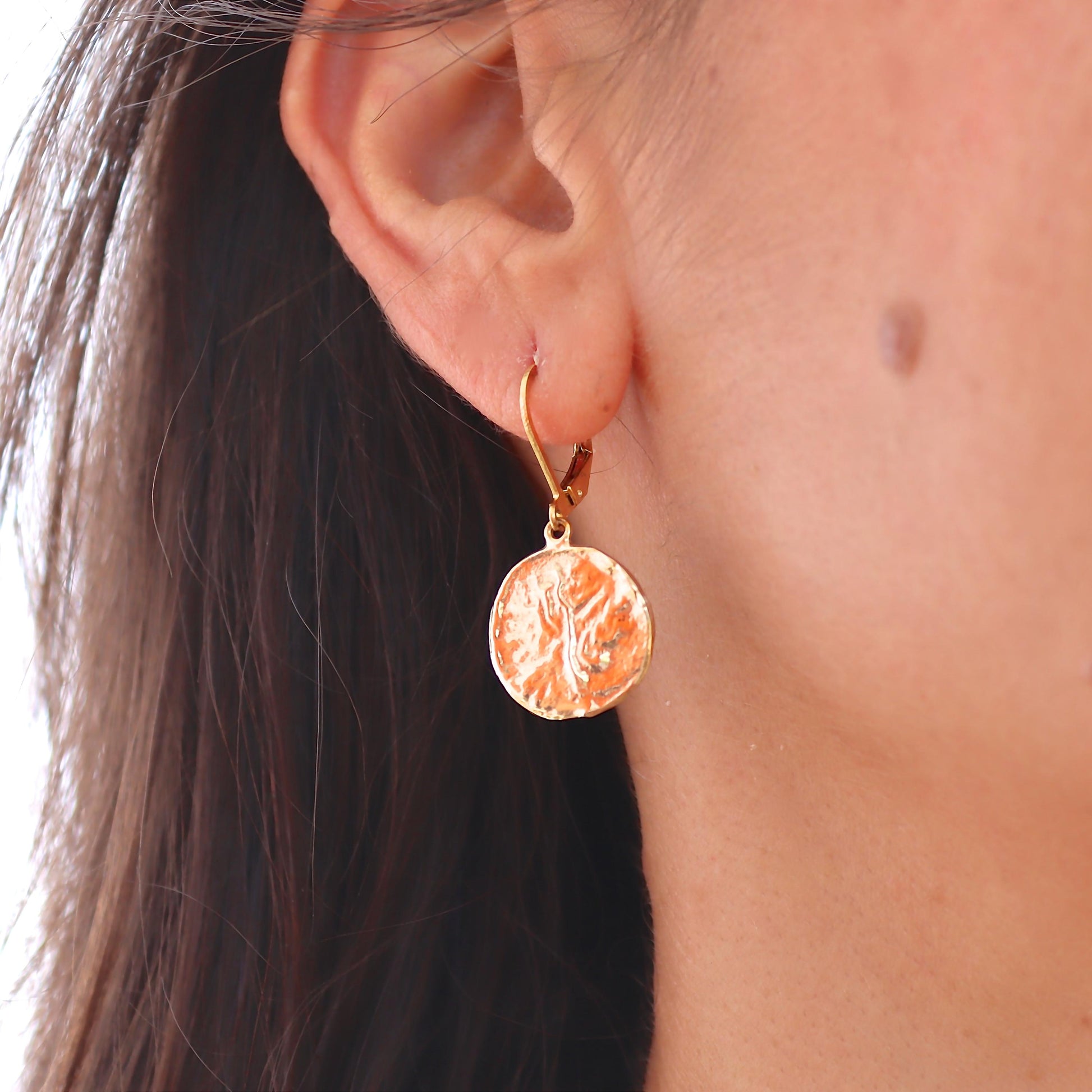14k Gold Disc Dangle Earring, Textured Coin Circle Design, Boho Jewelry
