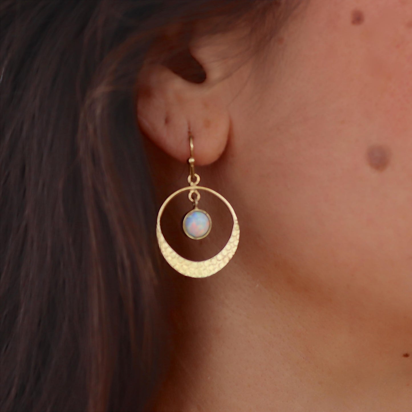 Opal 14k gold dangle hoop earrings, White Opal circle Earrings