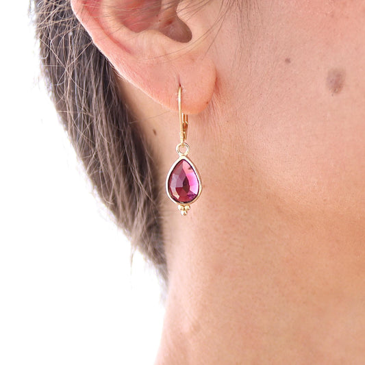 Garnet 14k gold Teardrop dangle Earrings, Red Stone Earrings