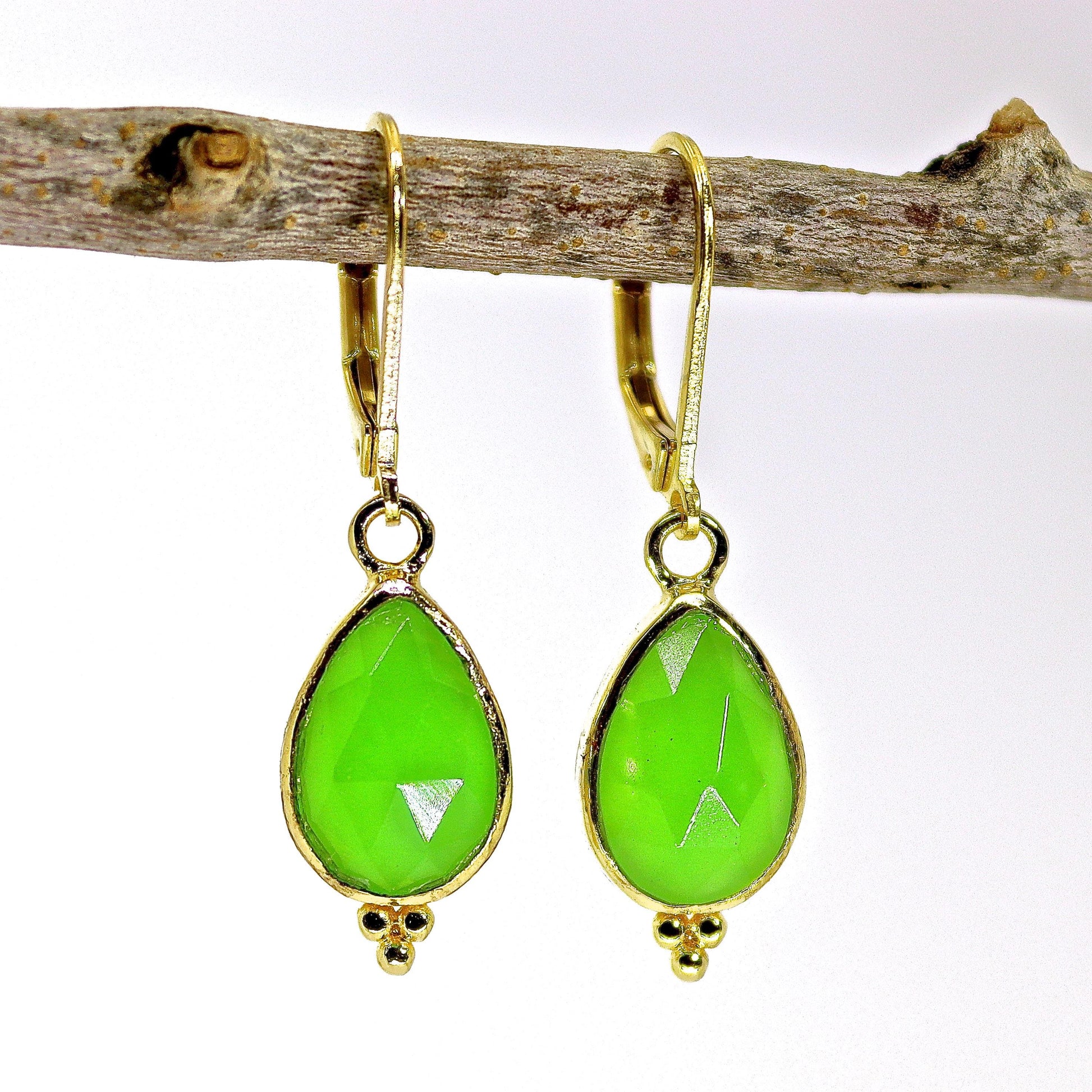 Jade solid 14k gold dangle earrings, Teardrop green stone earrings