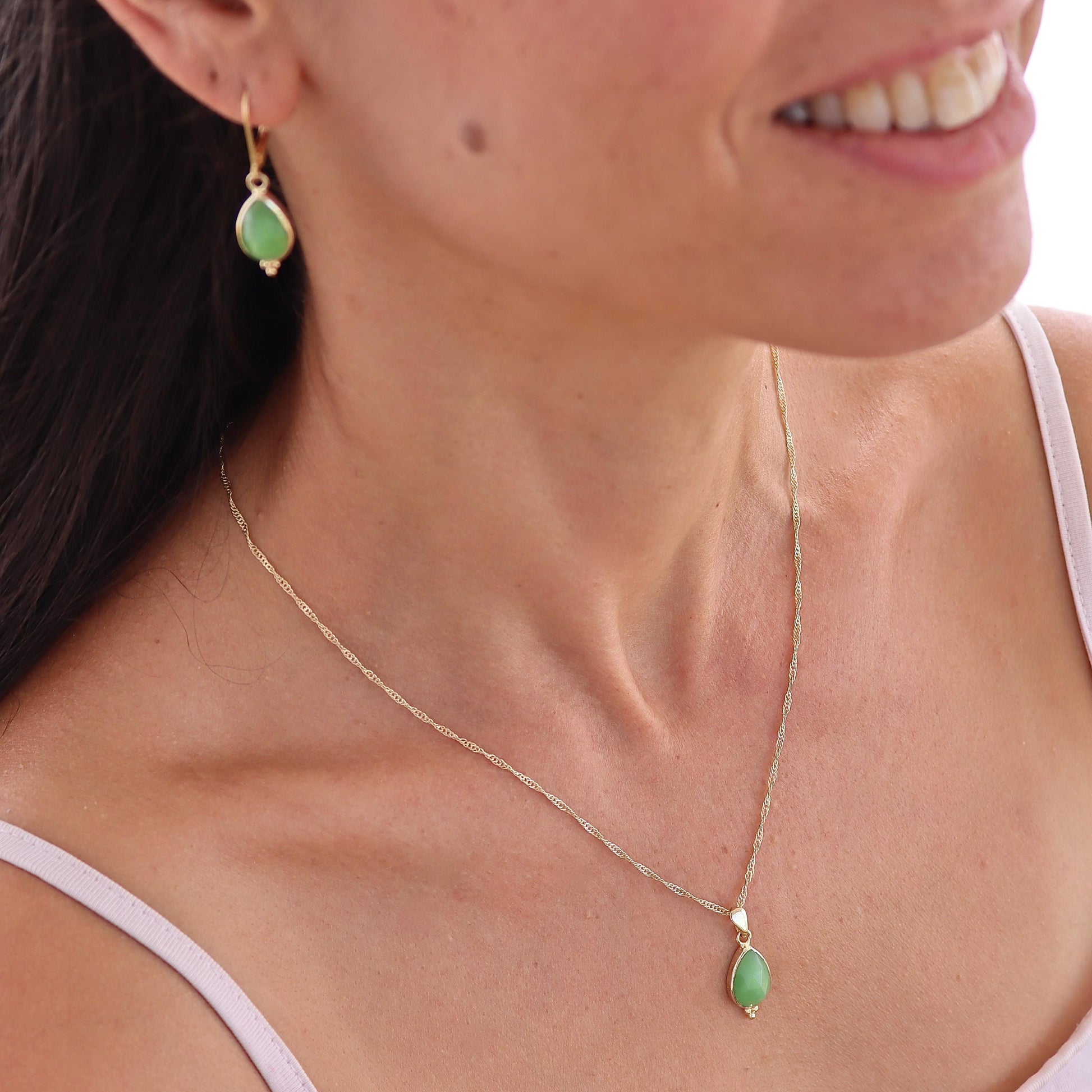 Jade solid 14k gold dangle earrings, Teardrop green stone earrings
