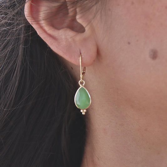 Jade solid 14k gold dangle earrings, Teardrop green stone earrings