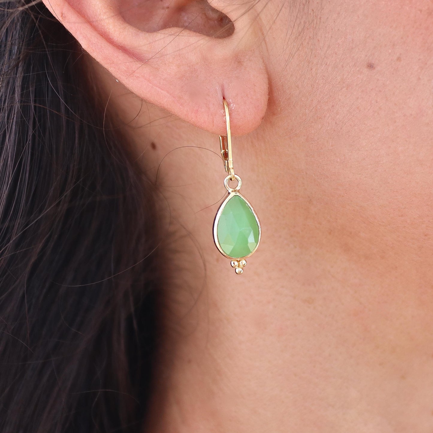 Jade solid 14k gold dangle earrings, Teardrop green stone earrings